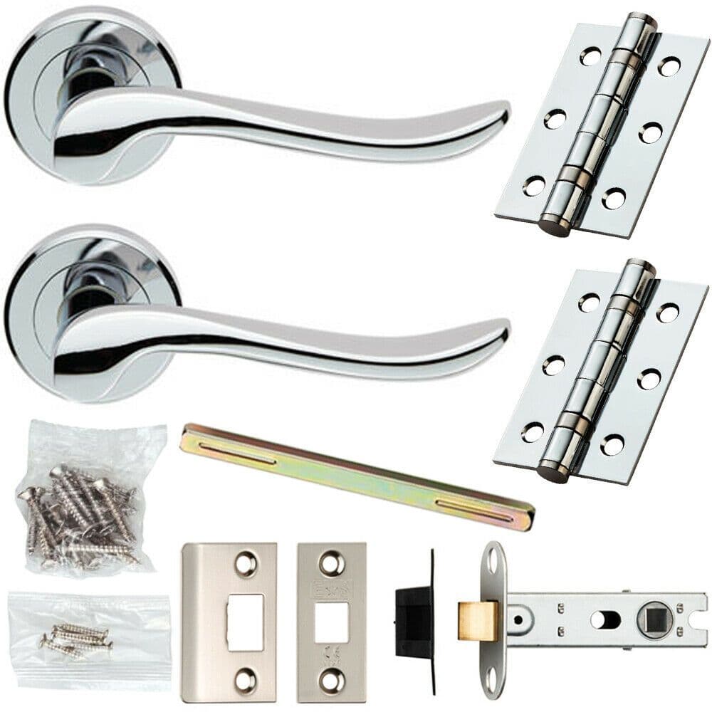 Door Handle & Latch Pack Chrome Modern Scroll Lever on Screwless Round