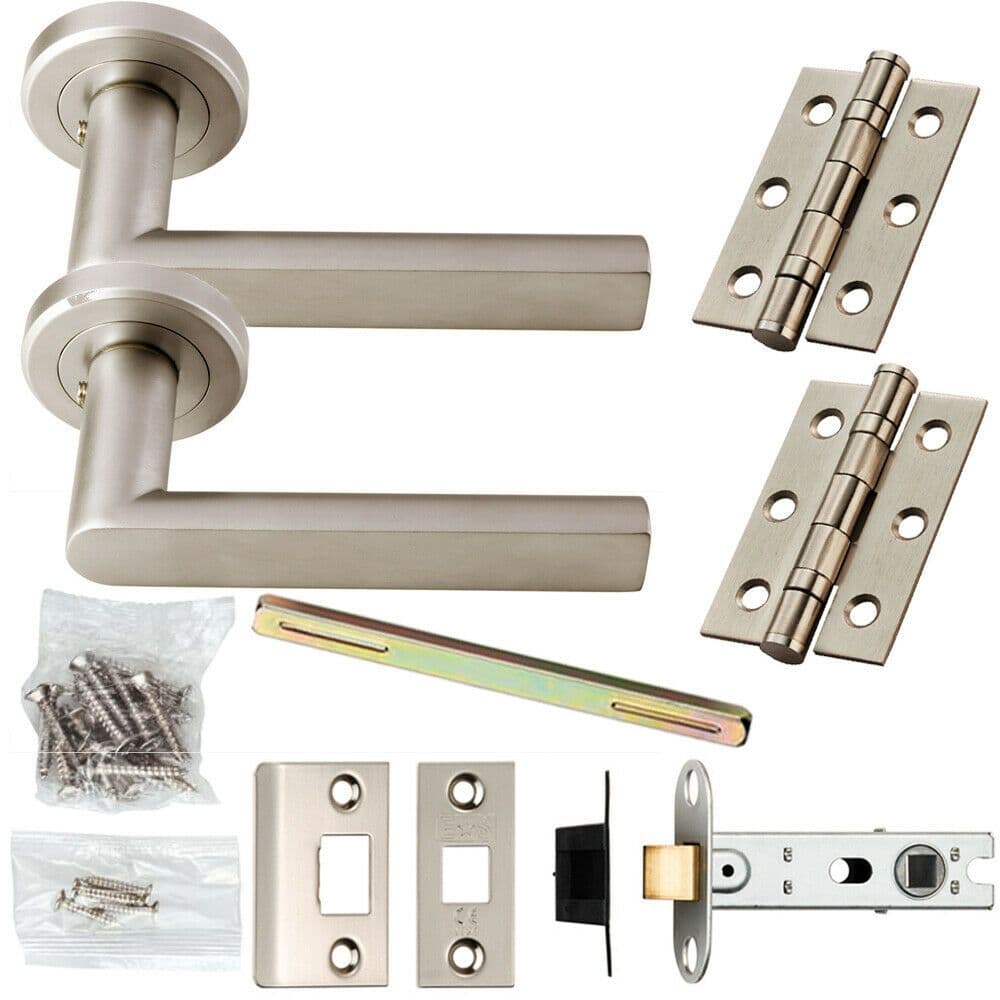 Door Handle & Latch Pack Satin Chrome Square Curve Lever Screwless Round