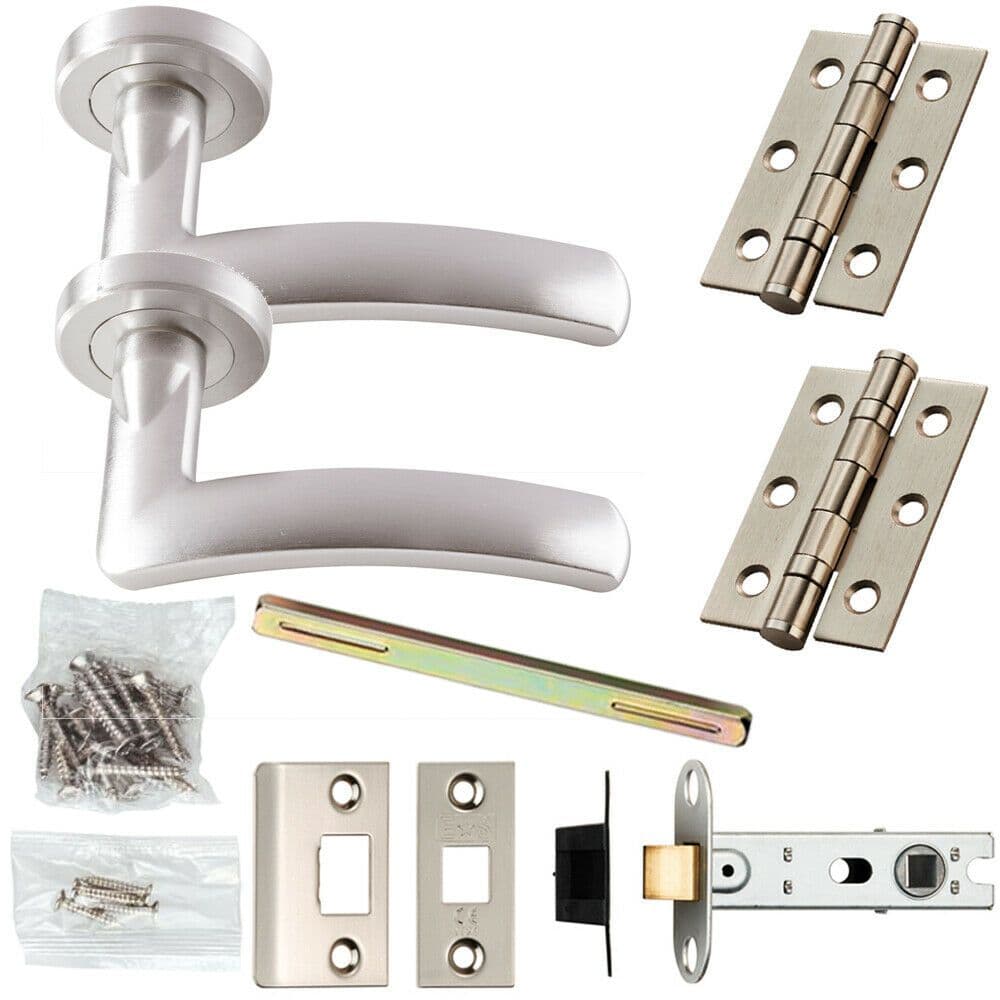 Door Handle & Latch Pack Satin Chrome Modern Arched Bar Screwless Round