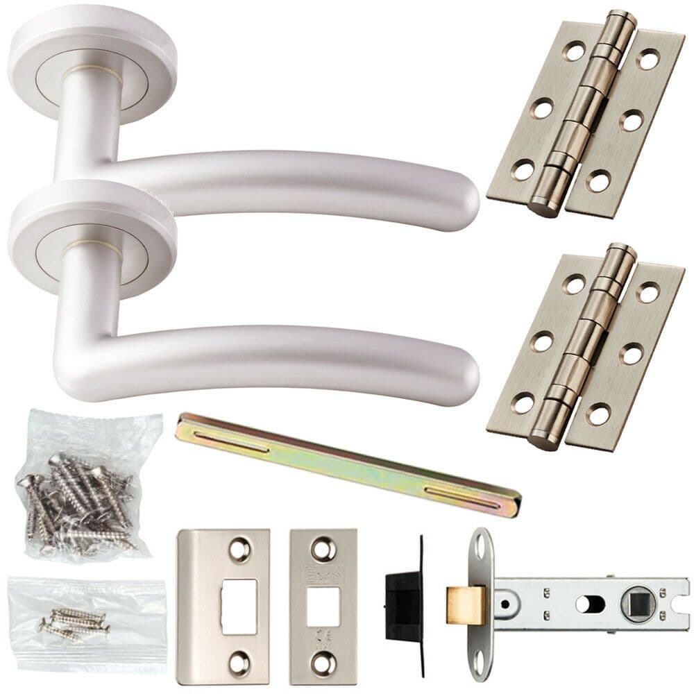Door Handle & Latch Pack Satin Chrome Modern Curved Bar Screwless Round Rose