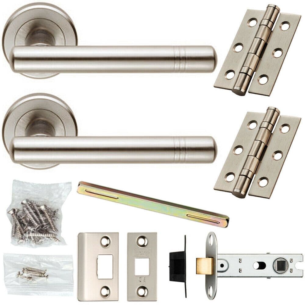 Door Handle & Latch Pack Satin Chrome Modern T Bar Lever Screwless Round Rose