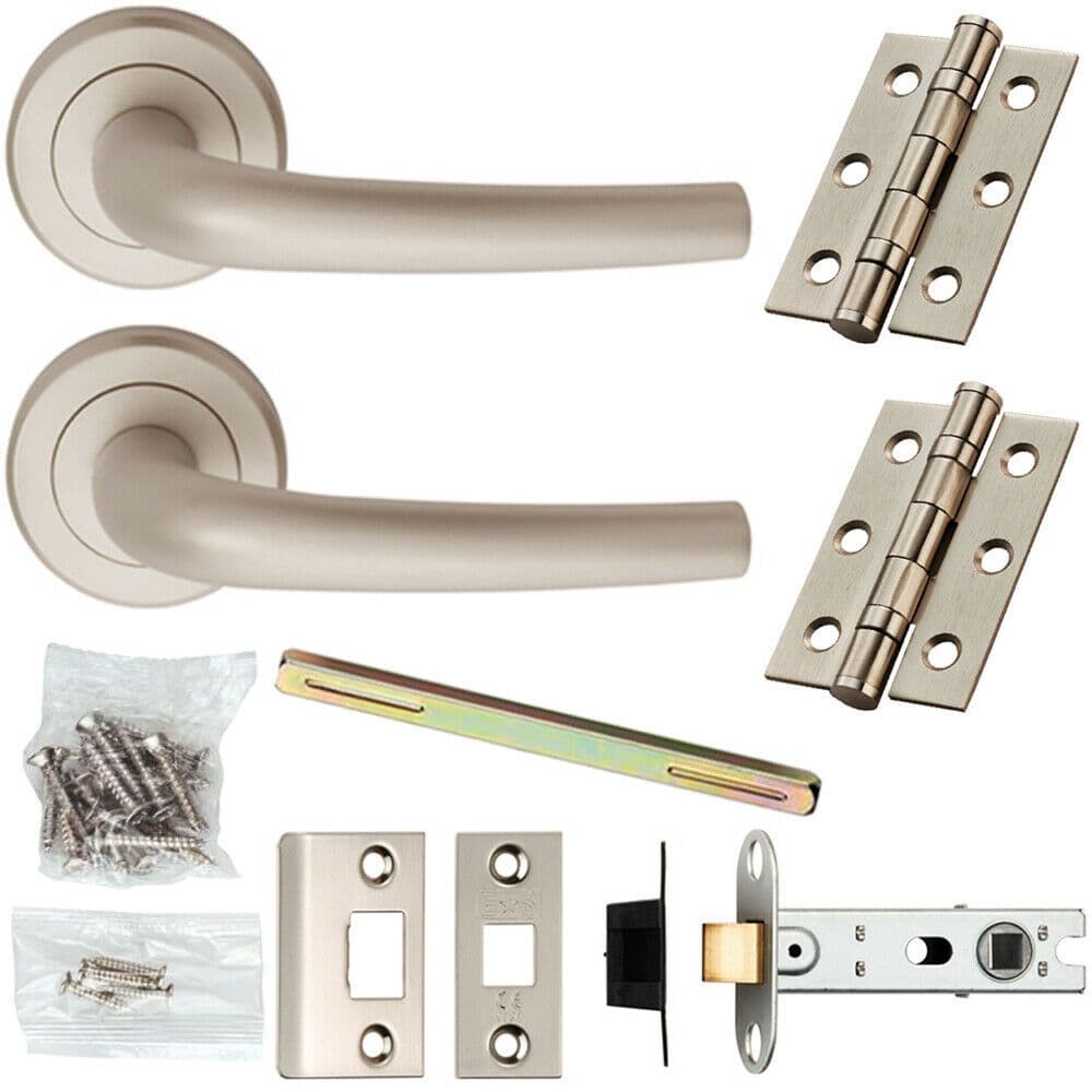 Door Handle & Latch Pack Satin Chrome Rounded Curve Lever Screwless Round