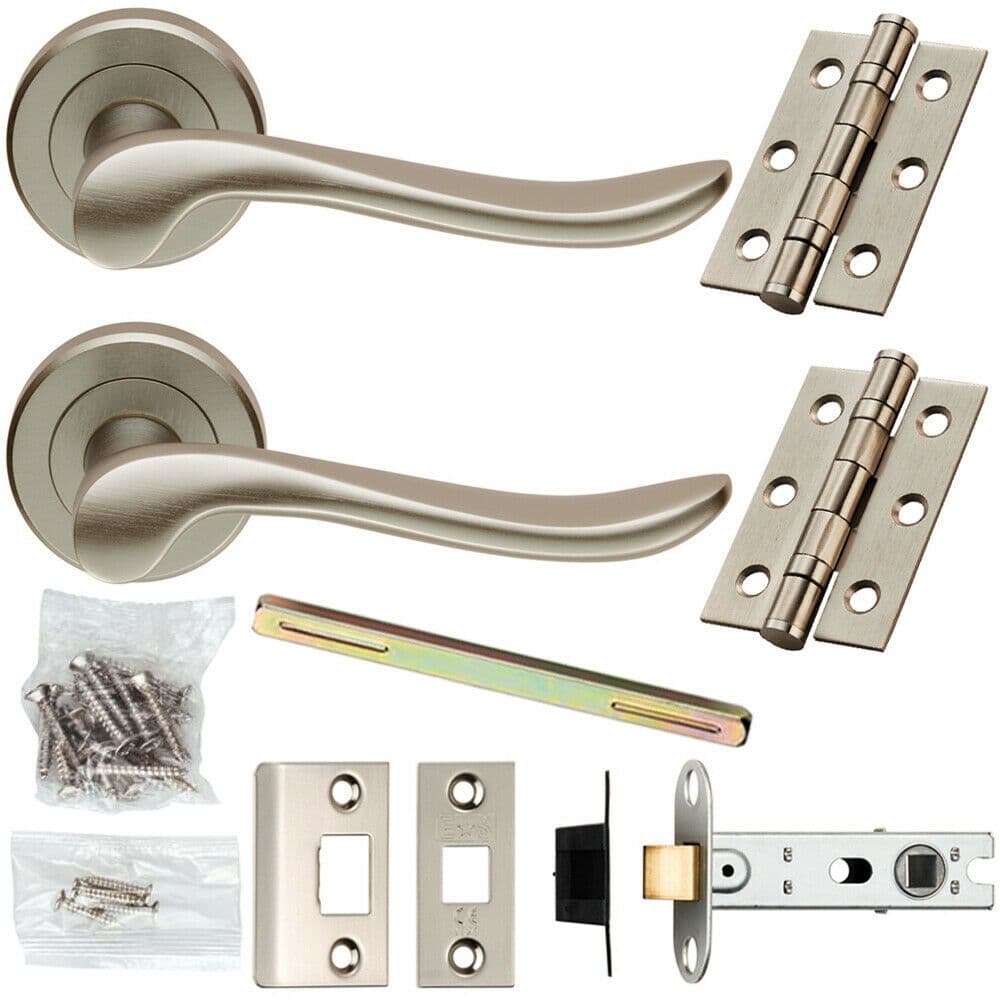 Door Handle & Latch Pack Satin Chrome Modern Scroll Lever Screwless Round