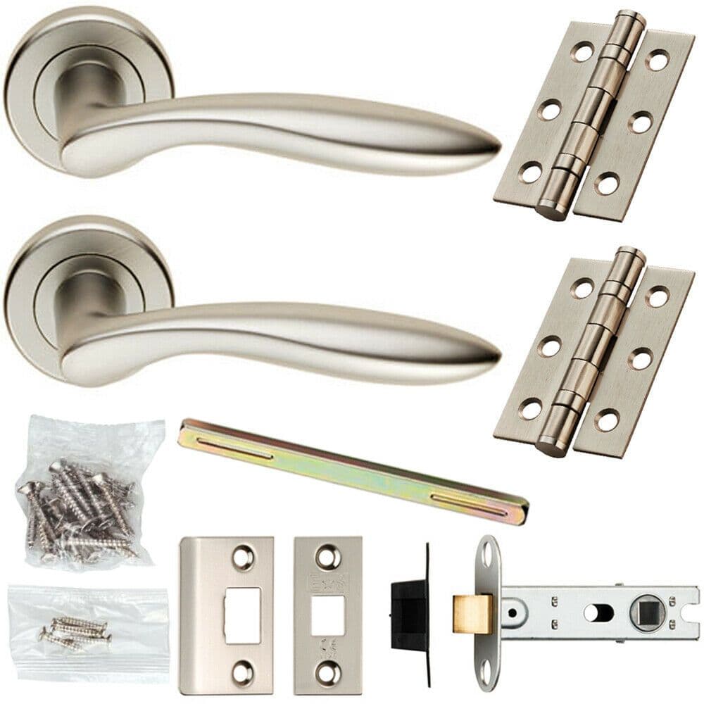 Door Handle & Latch Pack Satin Chrome Modern Smooth Lever Screwless Round Rose