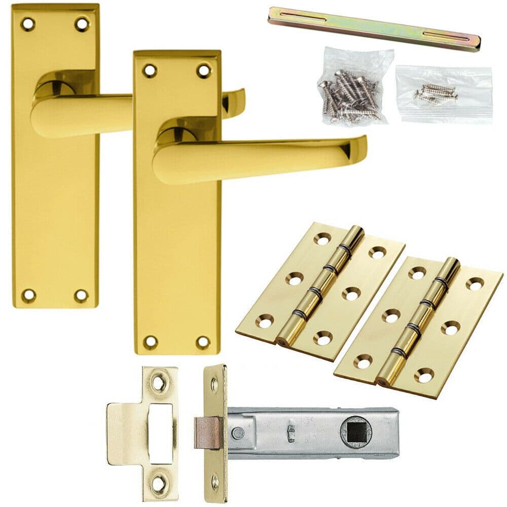 Door Handle & Latch Pack Brass Victorian Straight Lever Square Tall Backplate
