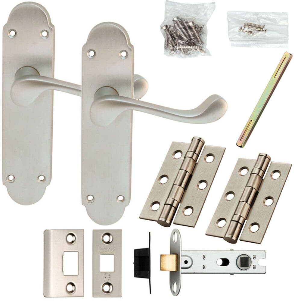 Door Handle & Latch Pack Satin Chrome Victorian Upturned Scroll Backplate