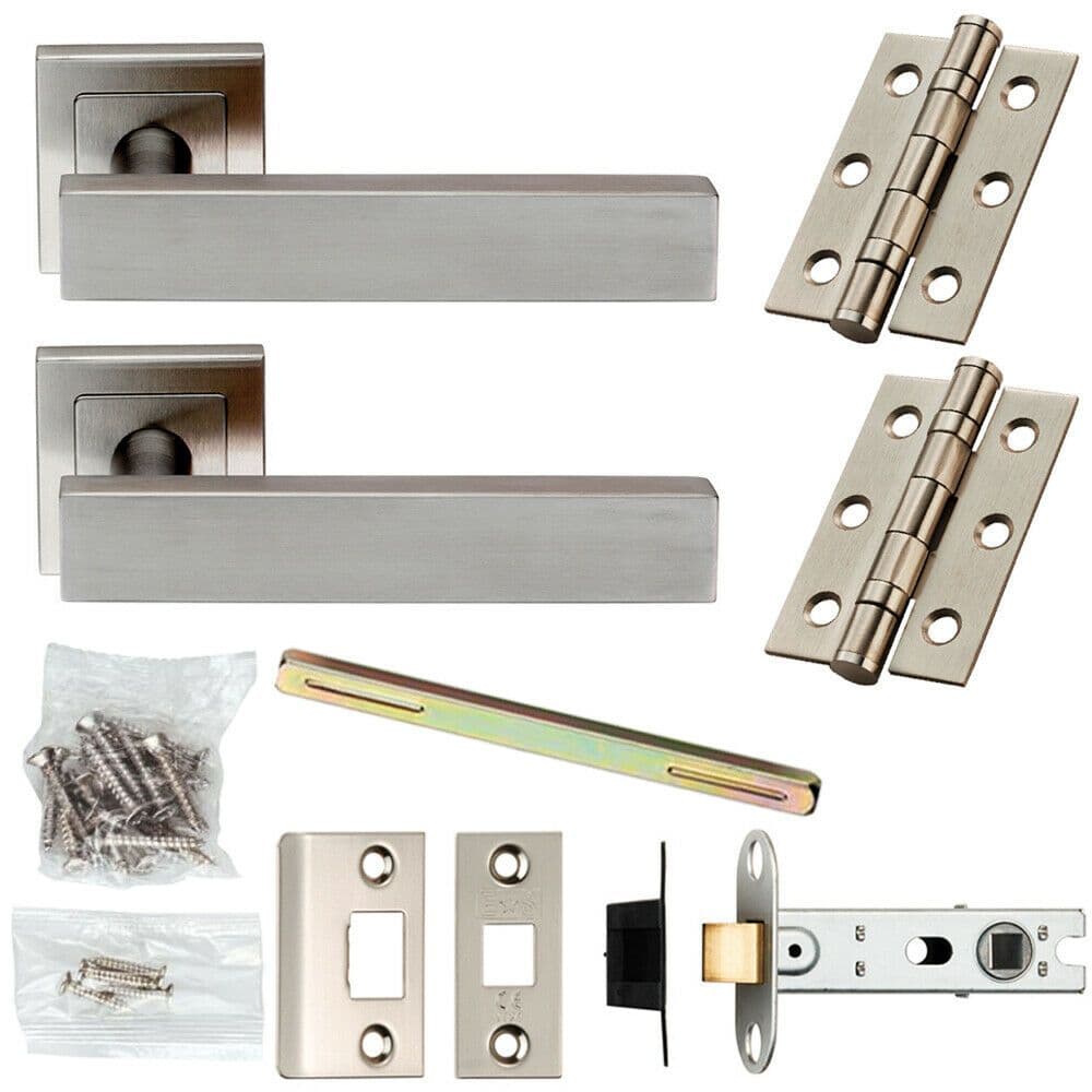 Door Handle & Latch Pack Satin Steel Modern Flat Lever Screwless Square