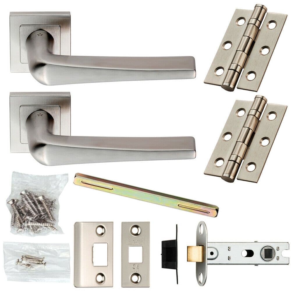 Door Handle & Latch Pack Satin Steel Tapered Slim Lever Screwless Square Rose