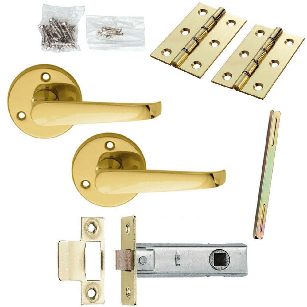 Door Handle & Latch Pack Brass Victorian Scroll Straight Screwless Round