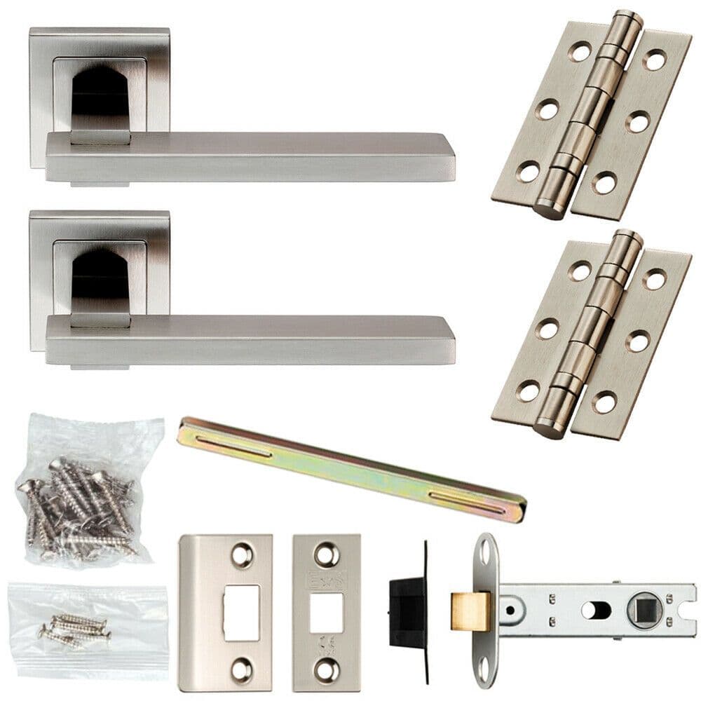 Door Handle & Latch Pack Satin Steel Modern Slim Lever Screwless Square Rose