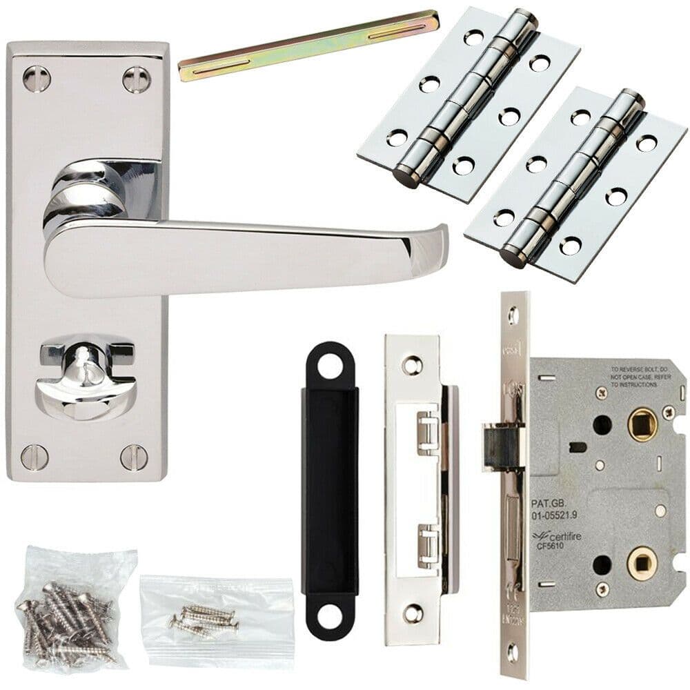 Door Handle & Bathroom Lock Pack Chrome Victorian Straight Thumbturn Backplate