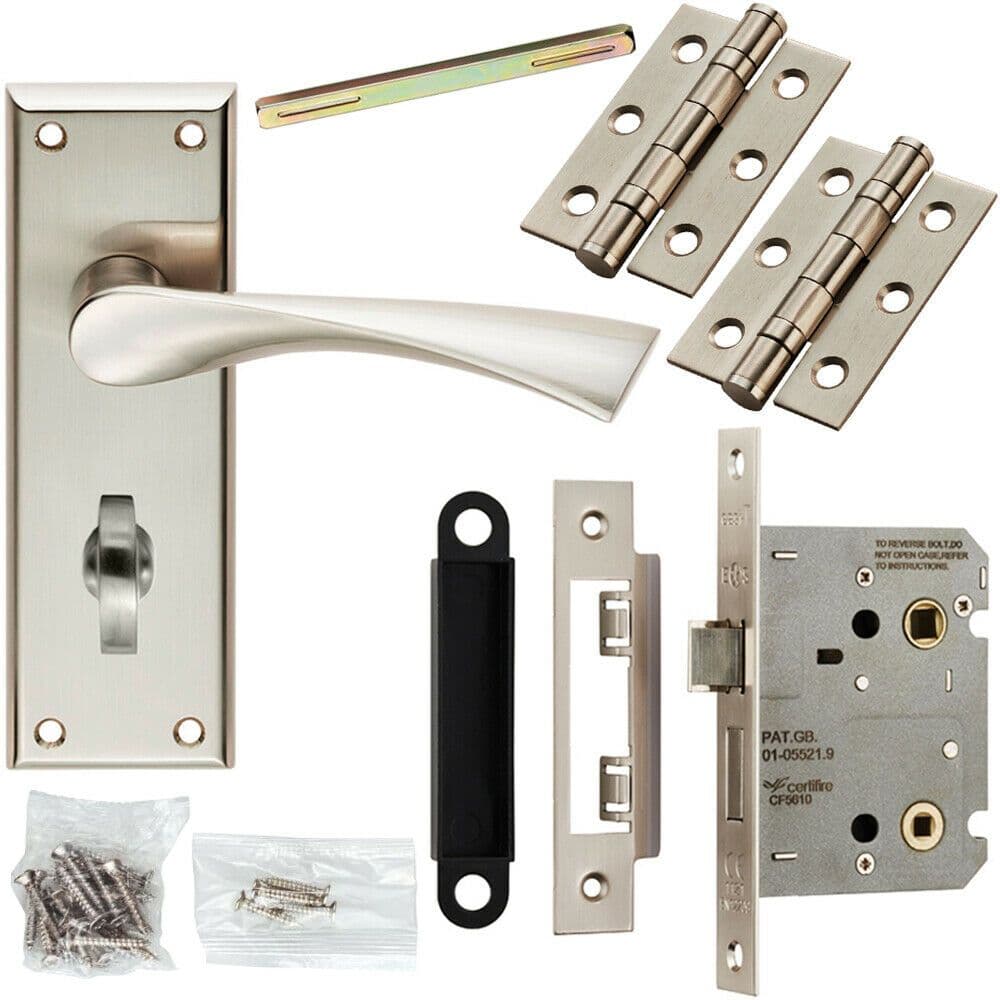 Door Handle & Bathroom Lock Pack Satin Nickel Modern Angled Lever Backplate