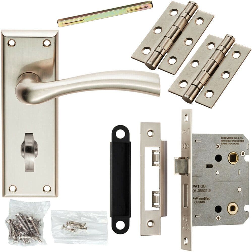 Door Handle & Bathroom Lock Pack Satin Nickel Chunky Tapered Lever Backplate
