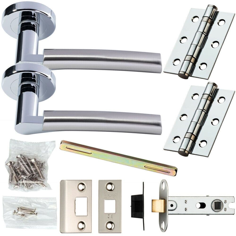 Door Handle & Latch Pack Chrome & Satin Nickel Curved Screwless Round Rose