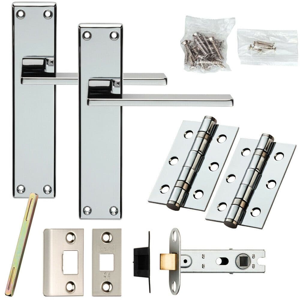 Door Handle & Latch Pack Chrome Sleek Flat Lever Backplate Full Set 180 x 40mm