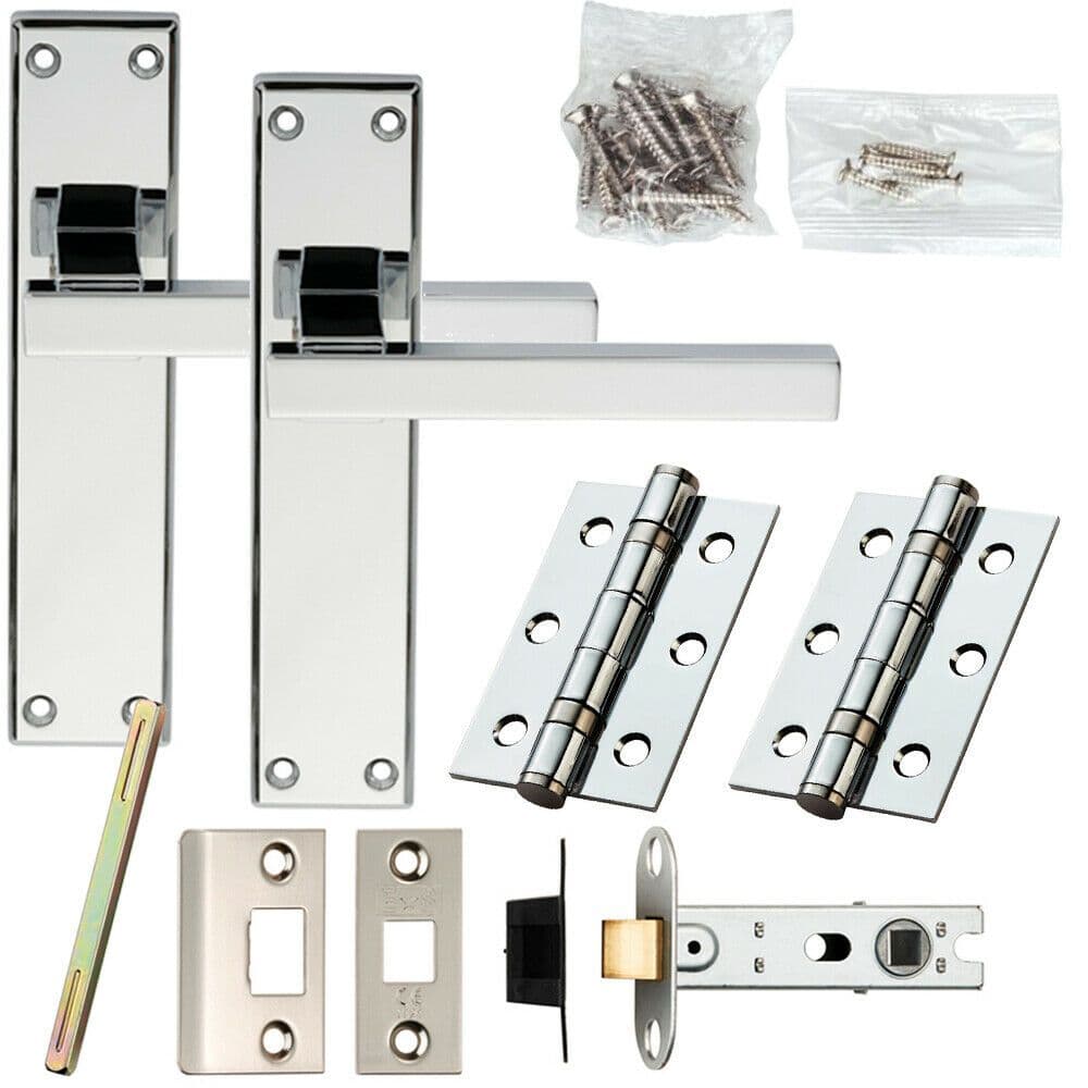 Door Handle & Latch Pack Chrome Straight Rounded Bar on Screwless Round