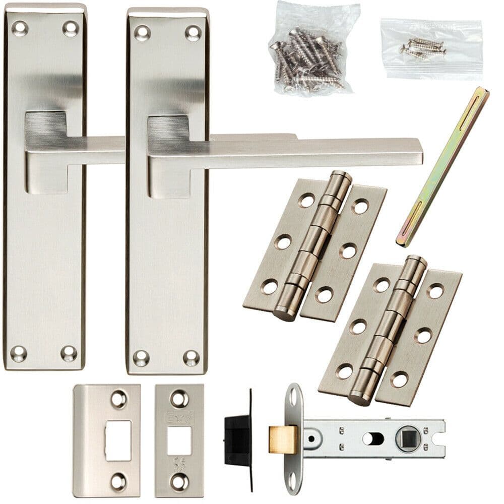 Door Handle & Latch Pack Satin Chrome Flat Straight Lever Square Backplate