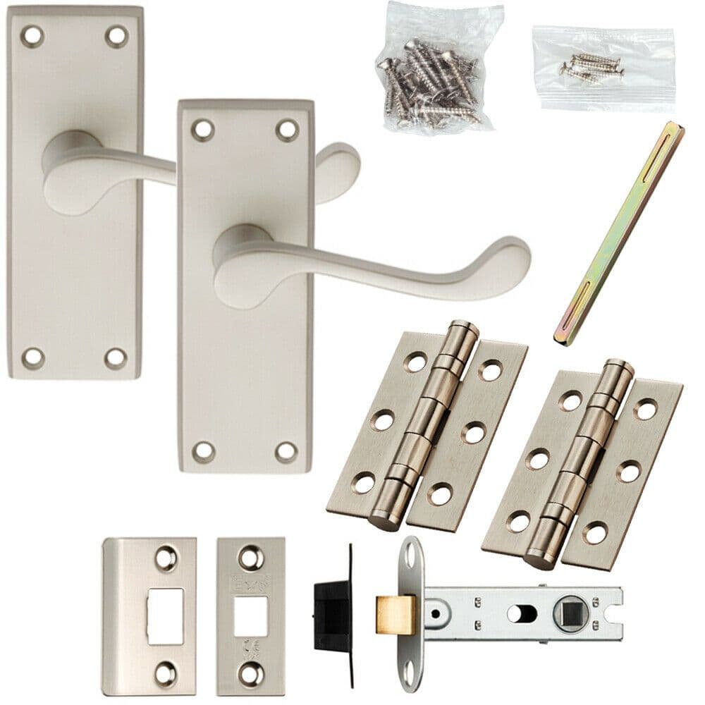 Door Handle & Latch Pack Satin Chrome Victorian Scroll Lever Square Backplate