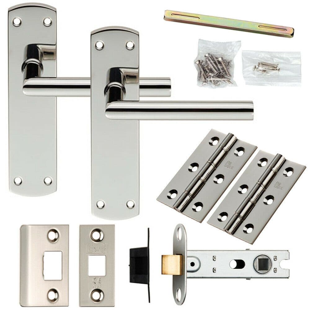 Door Handle & Latch Pack Polished Steel Straight Mitred Lever Slim Backplate
