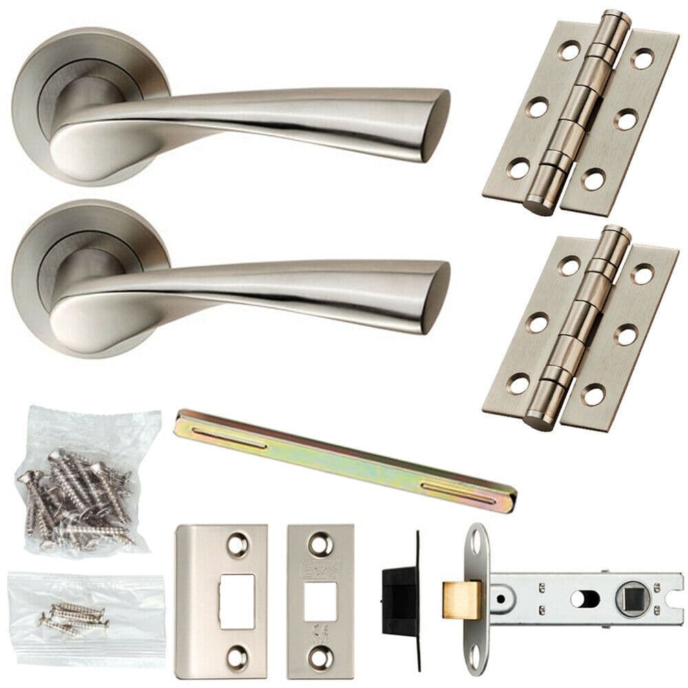 Door Handle & Latch Pack Satin Steel Angled Twist Lever Screwless Round