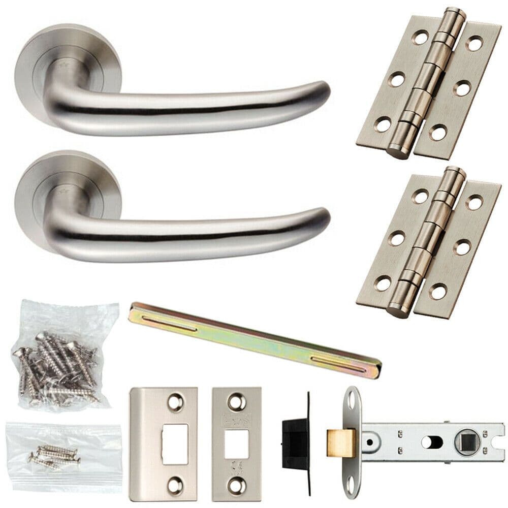 Door Handle & Latch Pack Satin Steel Slim Curved Lever Screwless Round