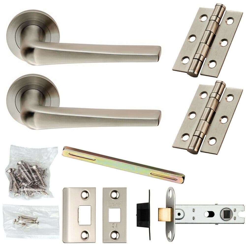 Door Handle & Latch Pack Satin Steel Chunky Tapered Lever Screwless Round