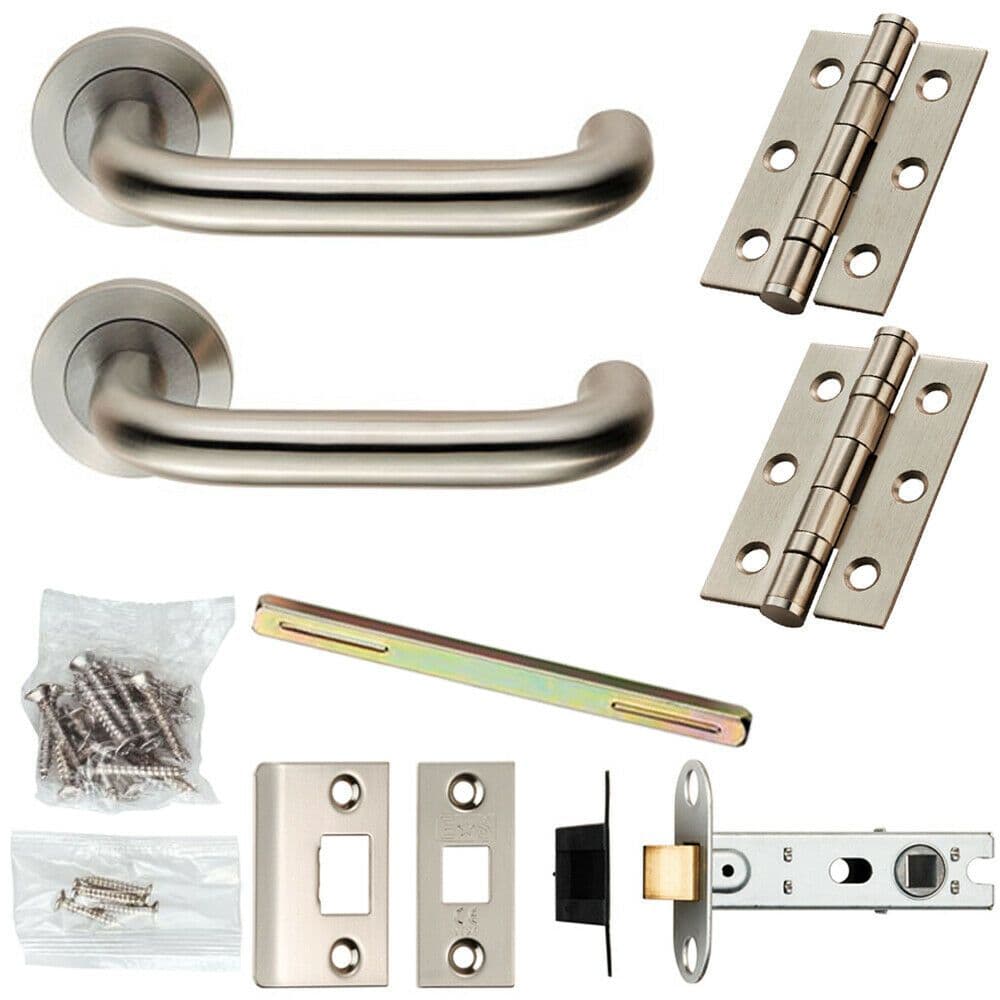 Door Handle & Latch Pack Satin Steel Round Safety Lever Screwless Round Rose
