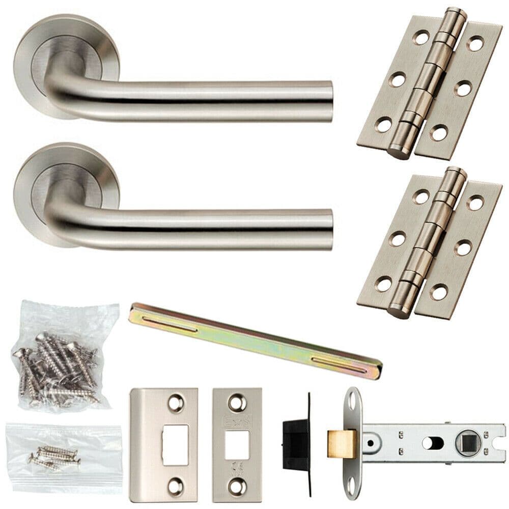 Door Handle & Latch Pack Satin Steel Rounded Bar Lever Screwless Round