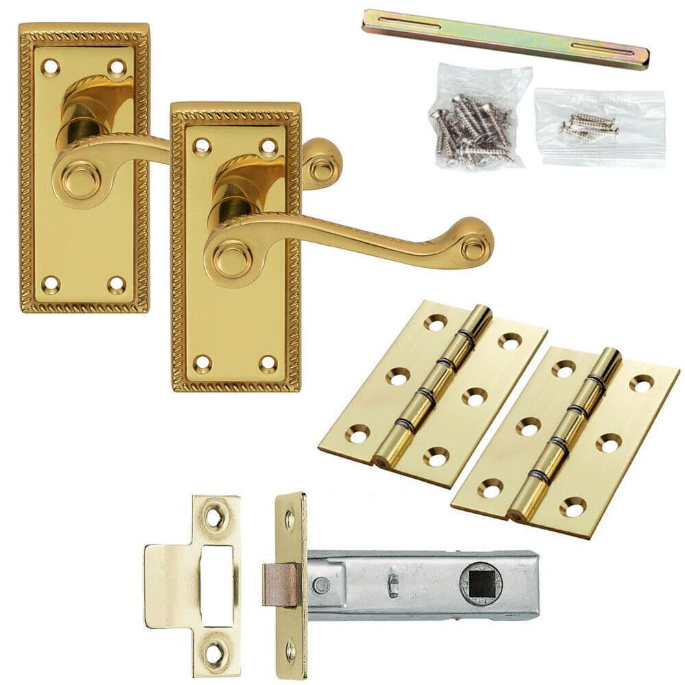 Door Handle & Latch Pack Brass Short Victorian Scroll Lever Turn Backplate