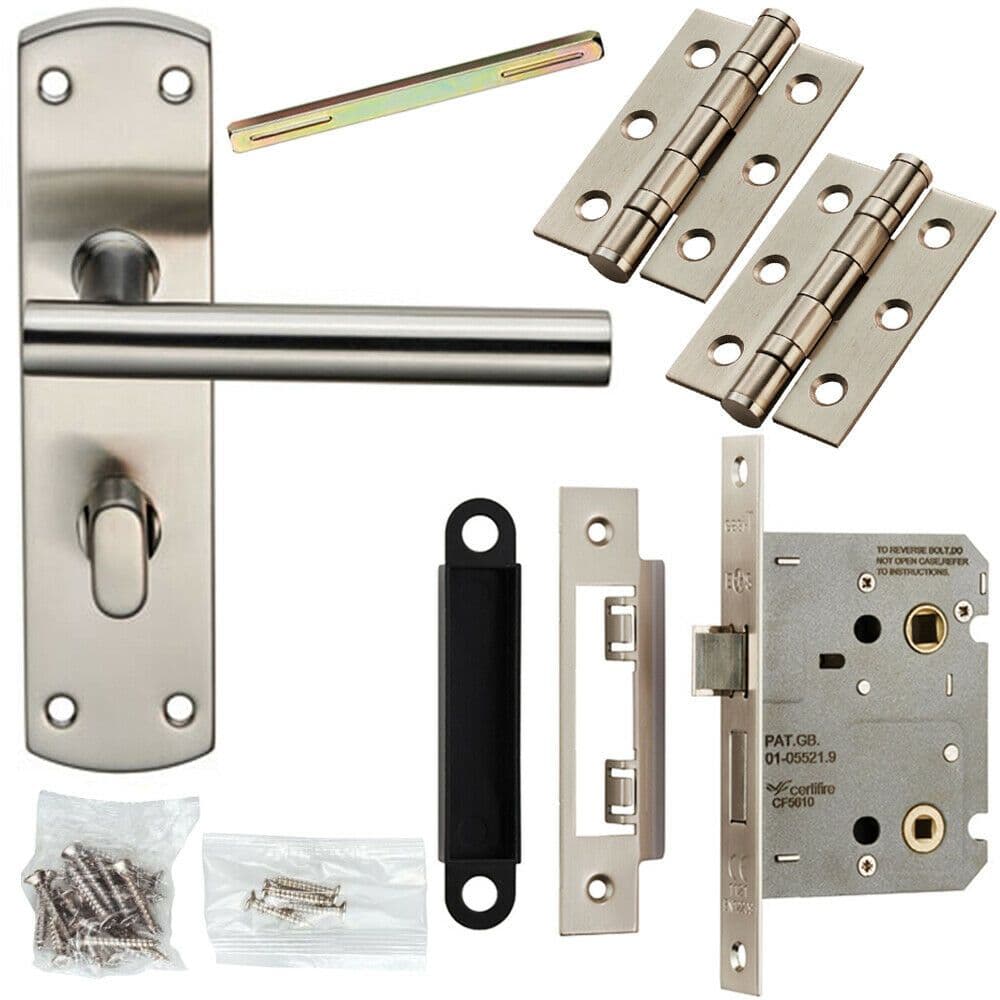 Door Handle & Bathroom Lock Pack Satin Steel Modern Straight T Bar Backplate