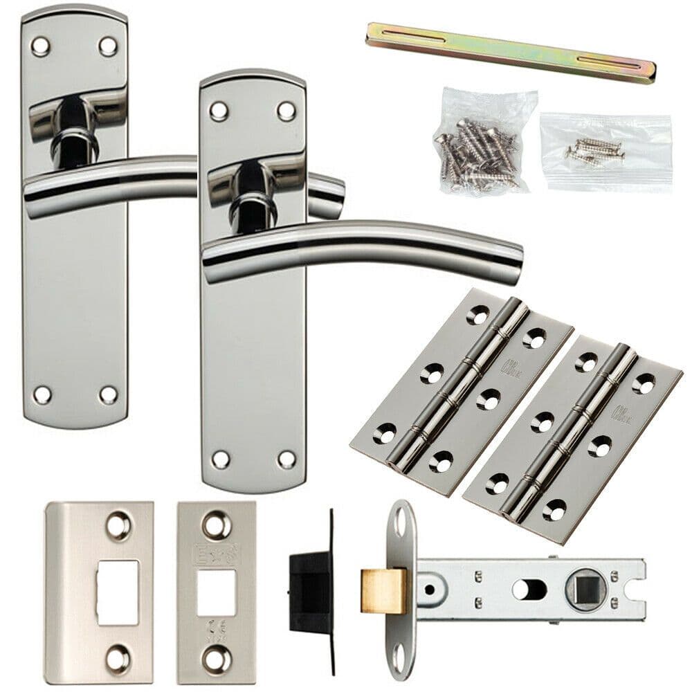 Door Handle & Latch Pack Polished & Satin Steel Arched Lever Slim Backplate