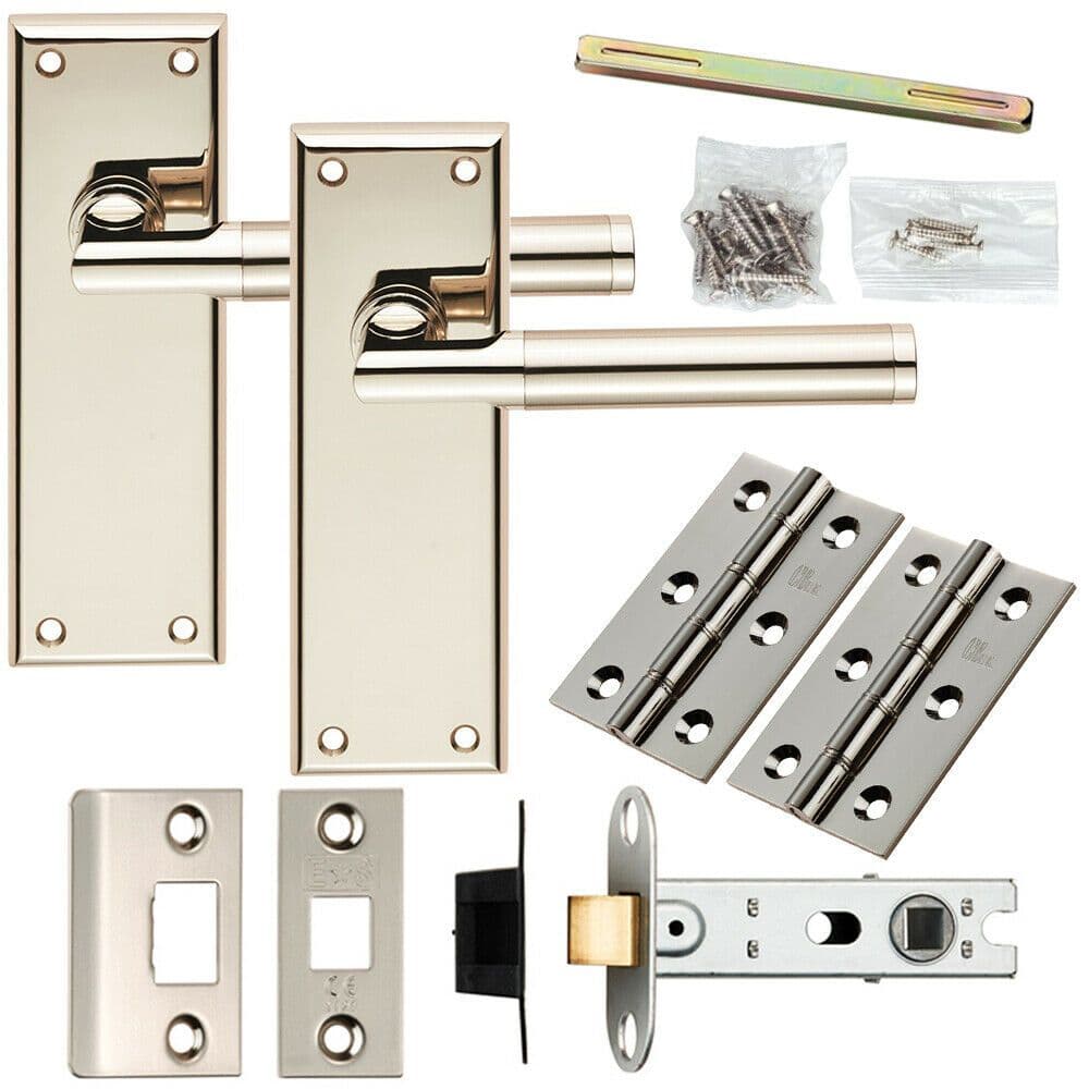 Door Handle & Latch Pack Polished & Satin Nickel Round Section Lever Backplate