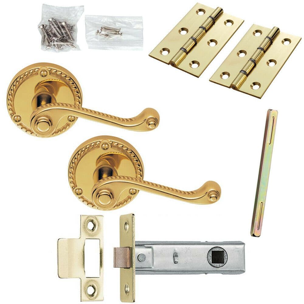 Door Handle & Latch Pack Brass Georgian Scroll Curved Screwless Round