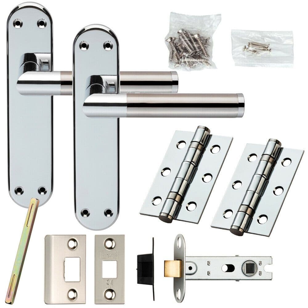 Door Handle & Latch Pack Chrome & Satin Nickel Modern Round Bar on Backplate