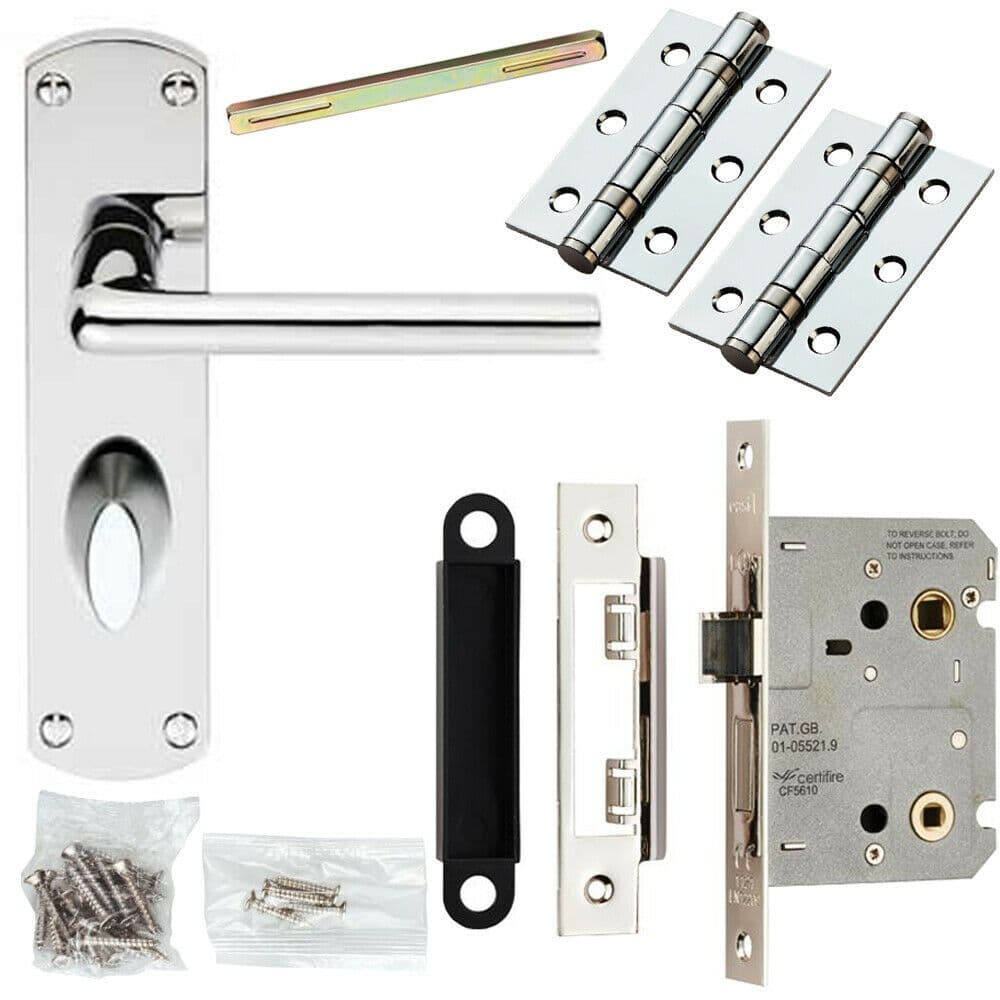 Door Handle & Bathroom Lock Pack Chrome Slim Straight Arm Thumb Turn Backplate