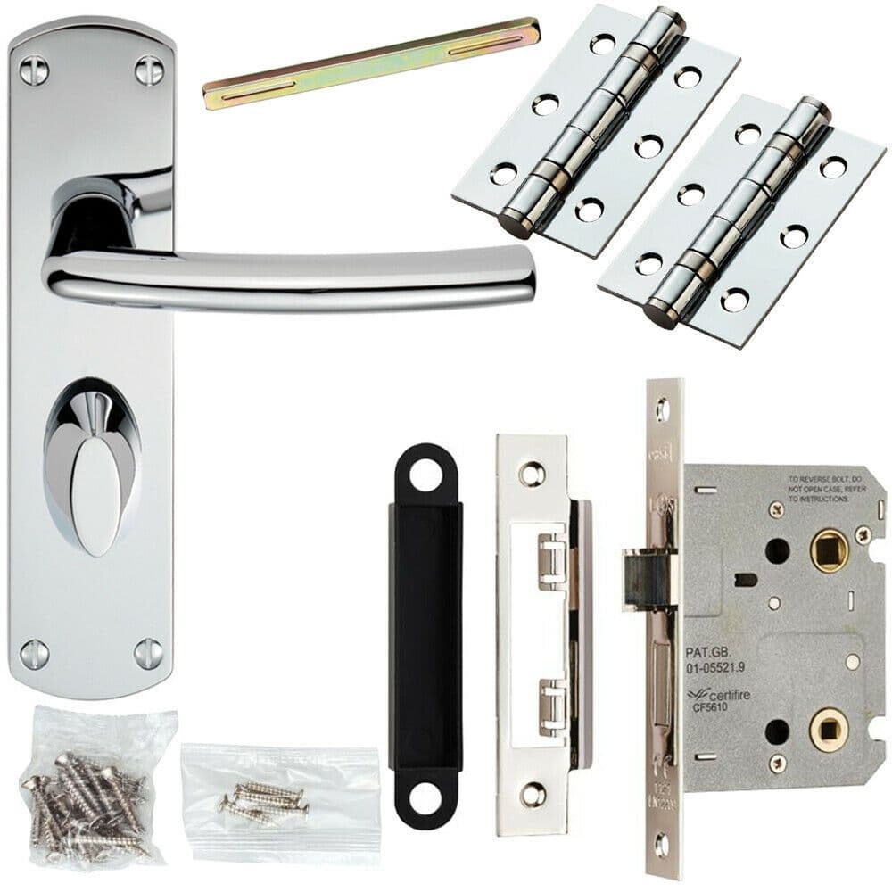 Door Handle & Bathroom Lock Pack Chrome Curved Bar Arm Thumb Turn Backplate