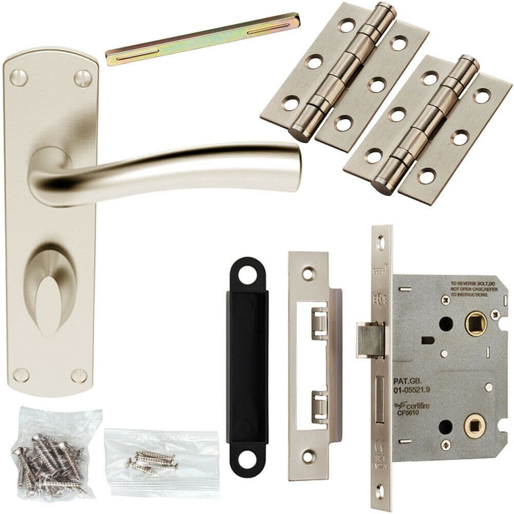 Door Handle & Bathroom Lock Pack Satin Chrome Chunky Tapered Thumb Backplate