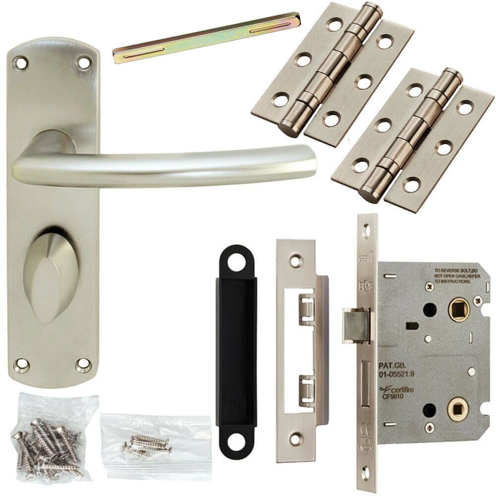 Door Handle & Bathroom Lock Pack Satin Chrome Modern Curved Lever Backplate