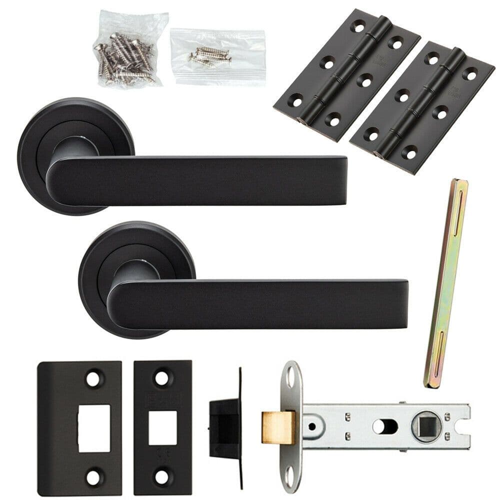 Door Handle & Latch Pack Matt Rectangular Lever Screwless Round Rose