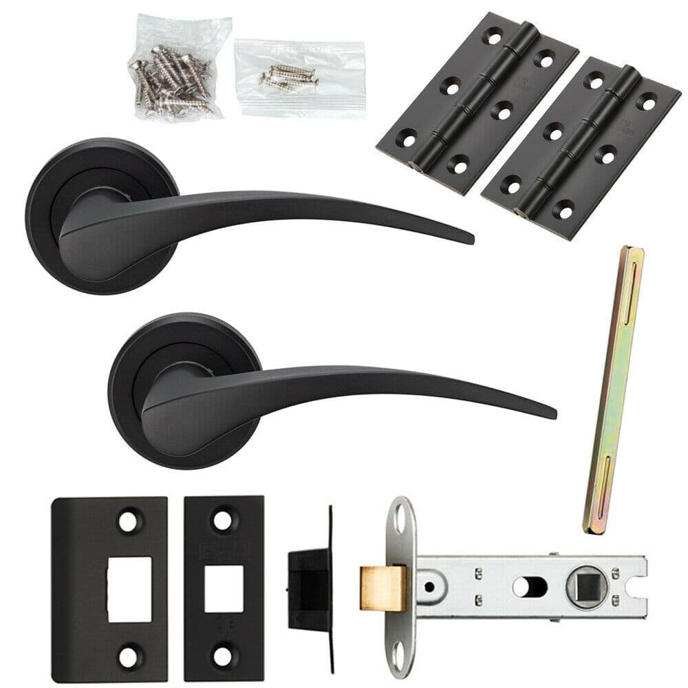 Door Handle & Latch Pack Matt Black Slim Arched Lever Screwless Round Rose
