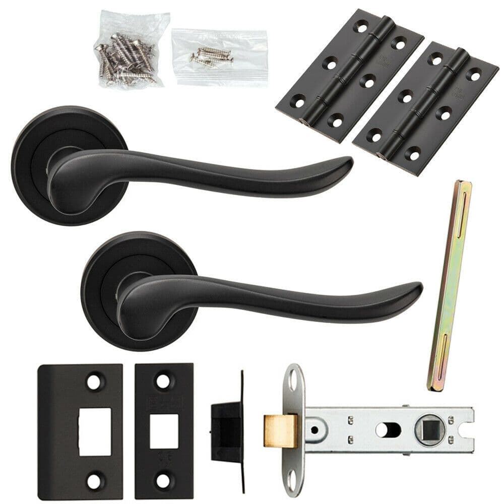 Door Handle & Latch Pack Matt Black Scroll Shaped Lever Screwless Round Rose
