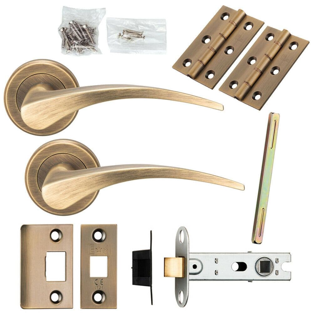Door Handle & Latch Pack Antique Brass Slim Arched Lever Screwless Round