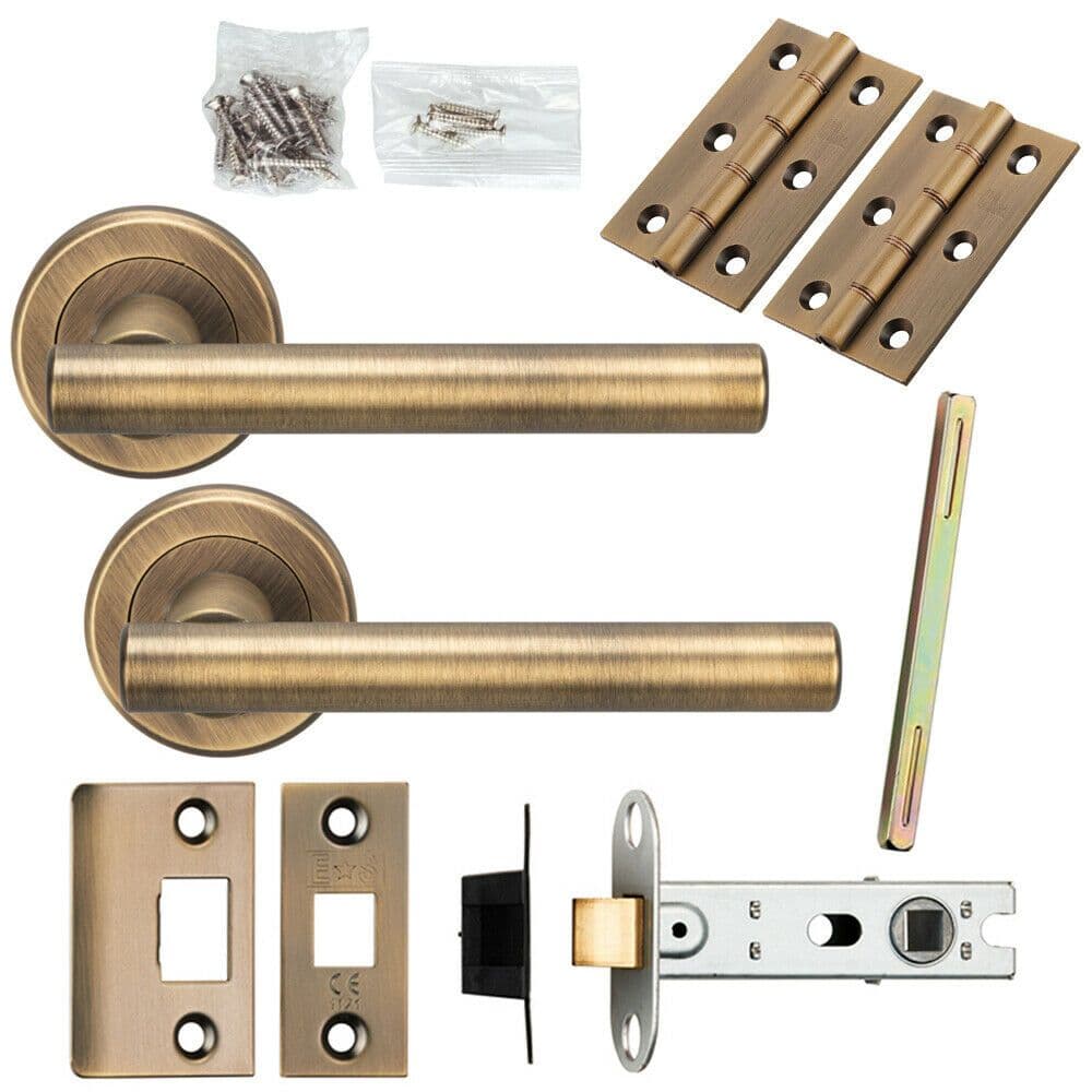 Door Handle & Latch Pack Antique Brass Round T Bar Lever Screwless Round