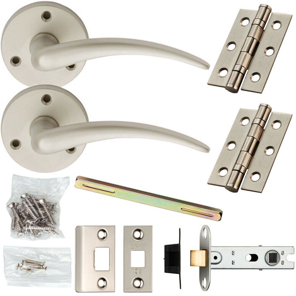 Door Handle & Latch Pack Satin Chrome Slimline Bar Lever Screwless Round