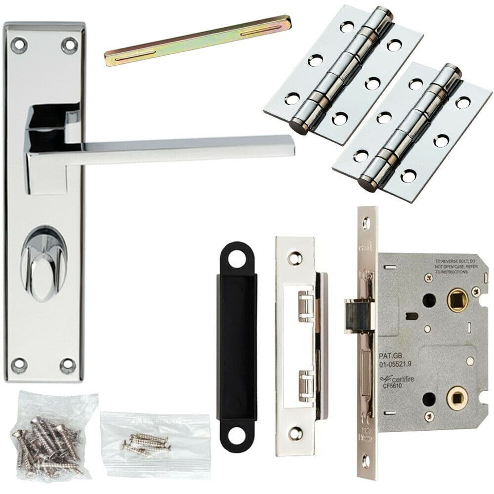 Door Handle & Bathroom Lock Pack Chrome Modern Slim Flat Thumb Turn Backplate