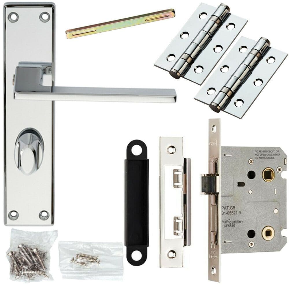 Door Handle & Bathroom Lock Pack Chrome Modern Straight Thumb Turn Backplate