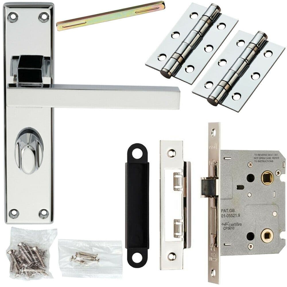 Door Handle & Bathroom Lock Pack Chrome Straight Square Thumb Turn Backplate