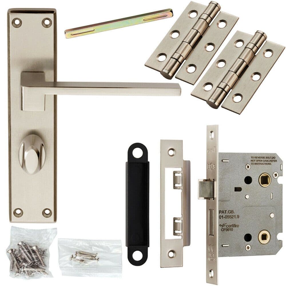 Door Handle & Bathroom Lock Pack Satin Chrome Straight Square Thumb Backplate