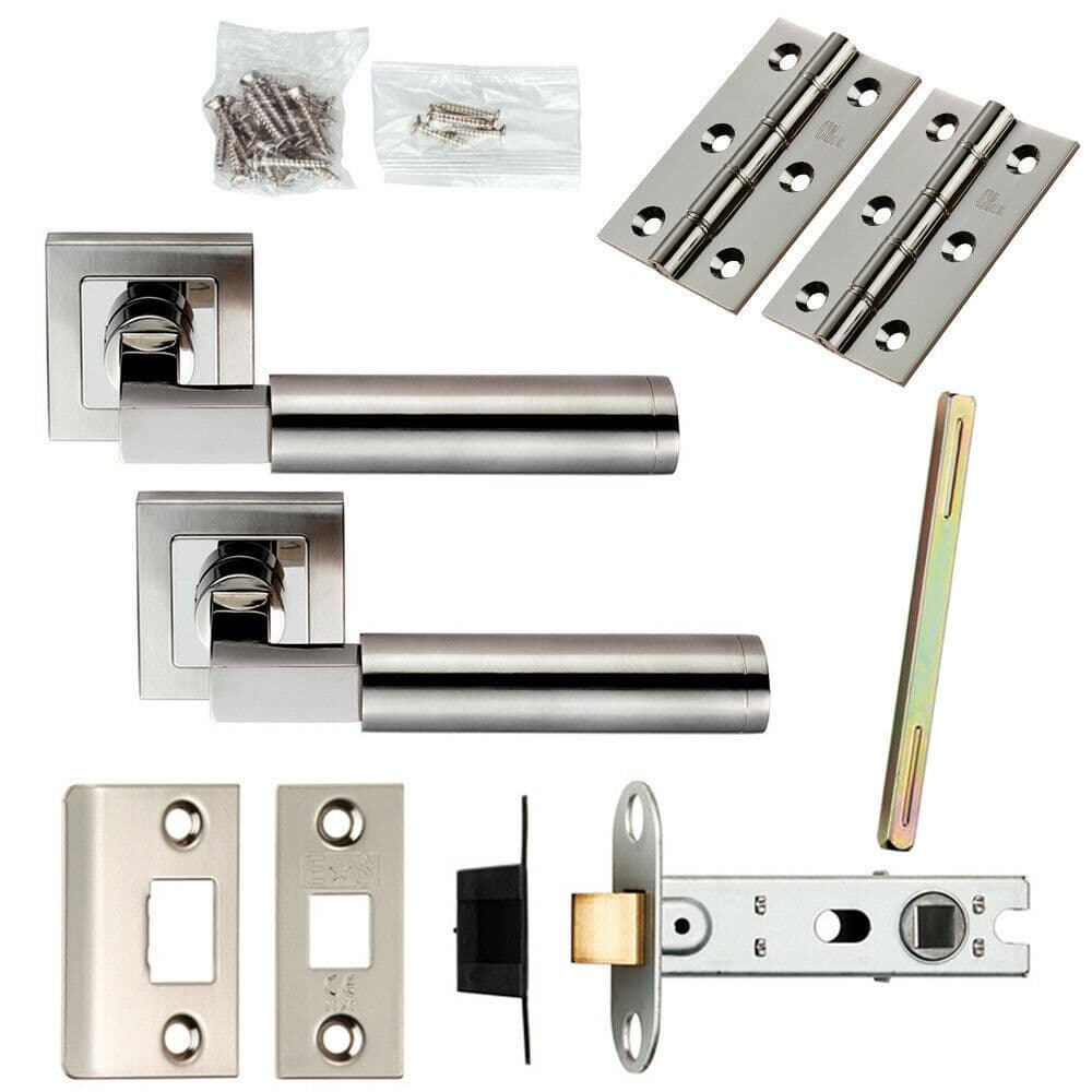 Door Handle & Latch Pack Polished & Satin Steel Square Cut Bar Screwless Rose