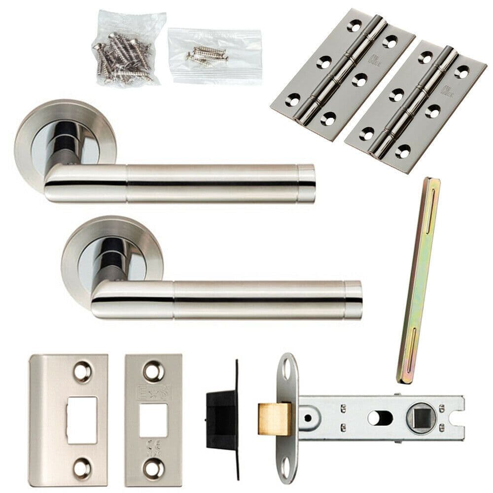 Door Handle & Latch Pack Polished & Satin Steel Mitred Lever Screwless Rose